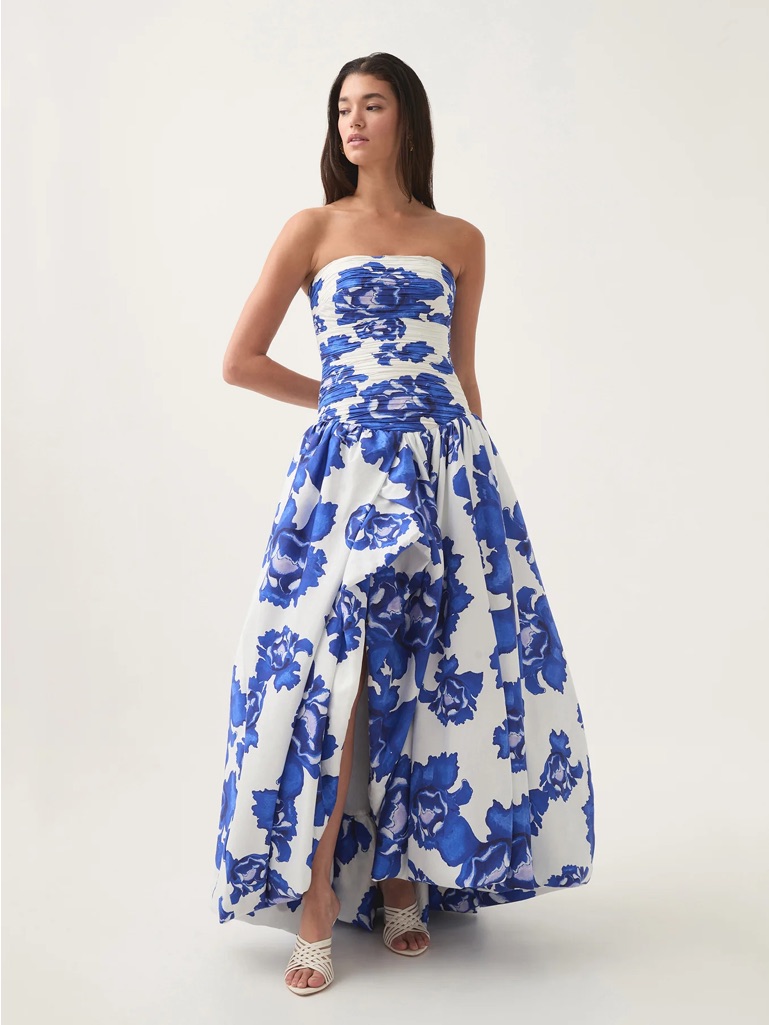 Blue & White Floral Strapless Gown